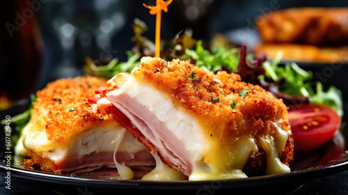 French traditional cuisine chicken cordon bleu with cheese and ham. Generative Ai photo