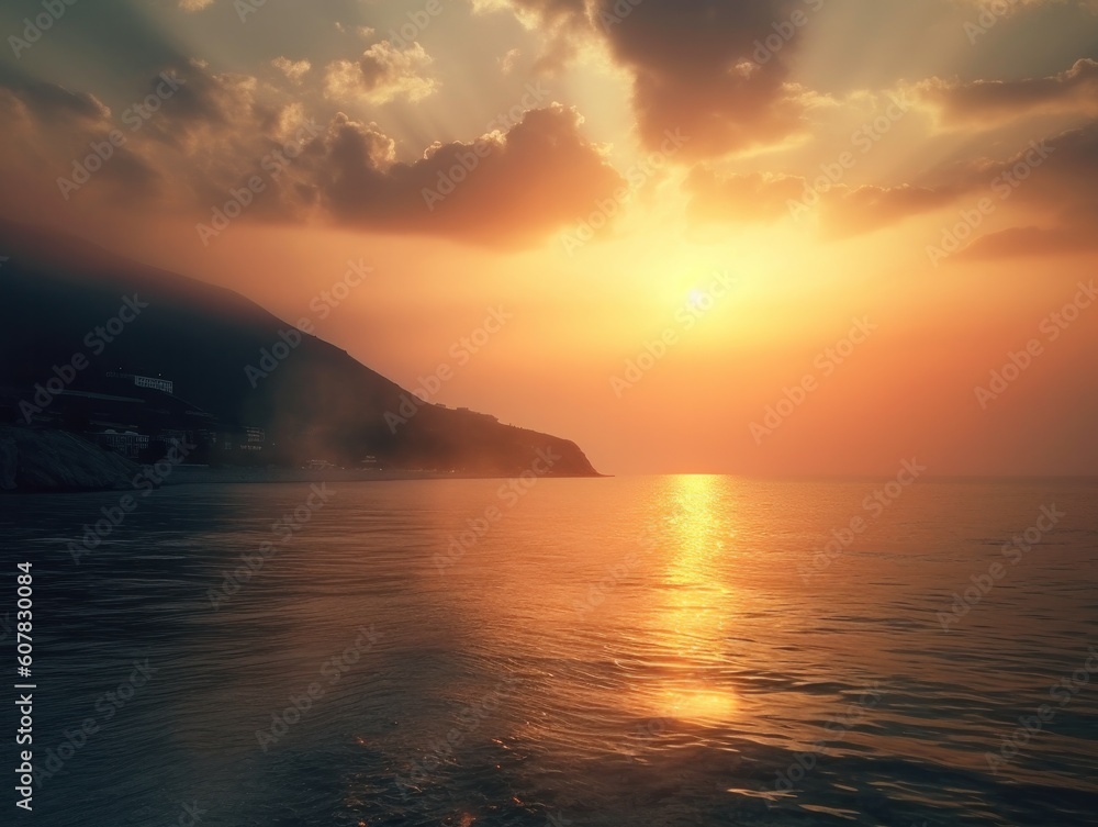 the ocean during a beautiful orange sunrise with fog on the water, generative ai