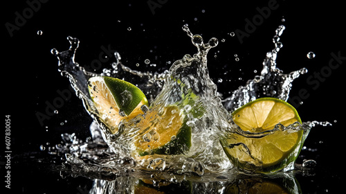 Mexican traditional Tequila splash lime on black background with ice cube. Generative Ai