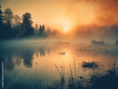 lake with fog during sunrise or sunset, generative ai © Felix