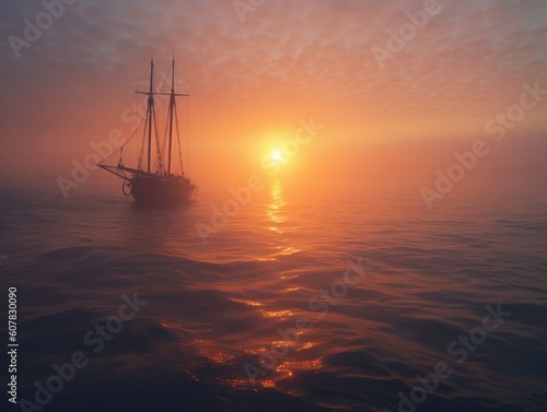 a ship on the ocean during a beautiful orange sunrise with fog on the water, generative ai