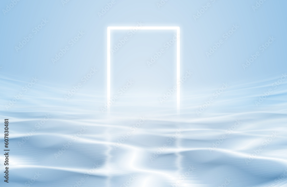 Glowing rectangle suspended on blue water with reflection, 3D rendering.