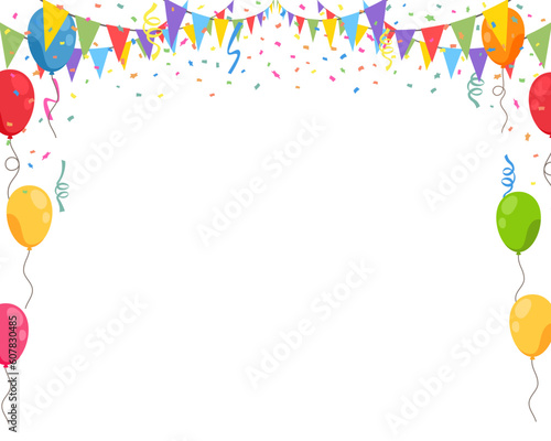 Celebrate hanging triangular garlands, balloons, and confetti. Colorful flags party isolated on white background. Birthday, Christmas, anniversary, and festival fair concept. Vector illustration.