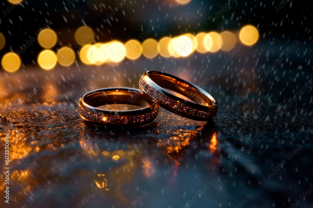 Wedding Rings on Night Background. Rings Under the Rain and Fiery Bokeh Lights. Generative AI. Wedding Rings on Night Background. Rings Under the Rain and Fiery Bokeh Lights. Generative AI.