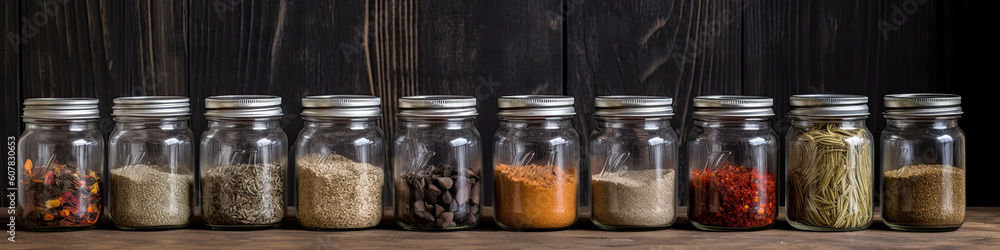 Assorted ground spices in bottles on wooden background. Generative AI Assorted ground spices in bottles on wooden background. Generative AI