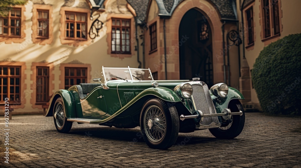 Old vintage oldtimer green car in front of a french chateux - Generative AI