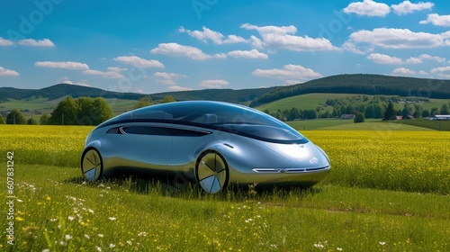 Silver futuristic concept car in a field - Generative AI