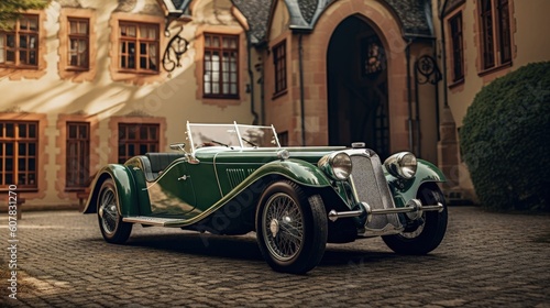 Old vintage oldtimer green car in front of a french chateux - Generative AI © DD