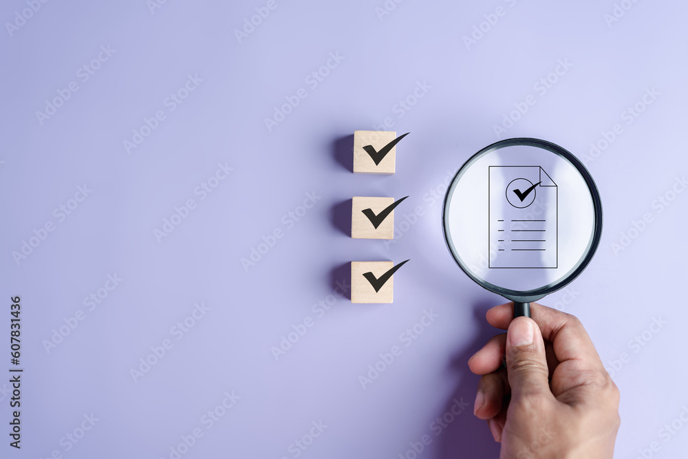 Fototapeta premium Checklist Quality management with Quality Assurance or QA and Quality Control or QC and improvement. Standardization, certification. Compliance to regulations service and standards.