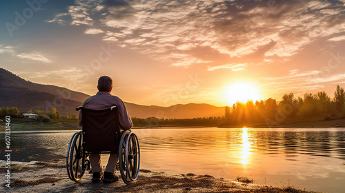 Disabled handicapped man has a hope. He is sitting on wheelchair and stretching hands at sunset. Generative Ai © sopiangraphics
