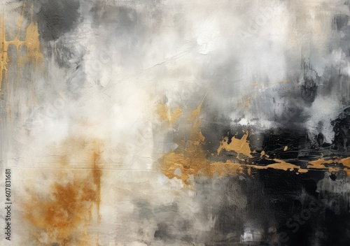 Abstract painting in black and silver with gold accents, modern decoration, generative ai