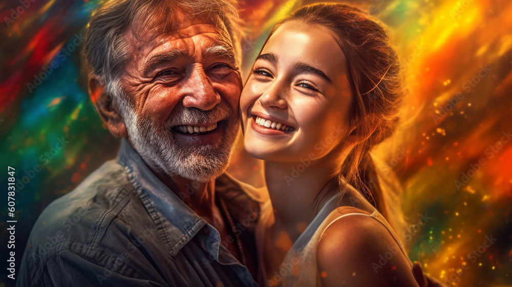 A painted portrait of a father with his adult daughter, Generative AI A painted portrait of a father with his adult daughter, Generative AI