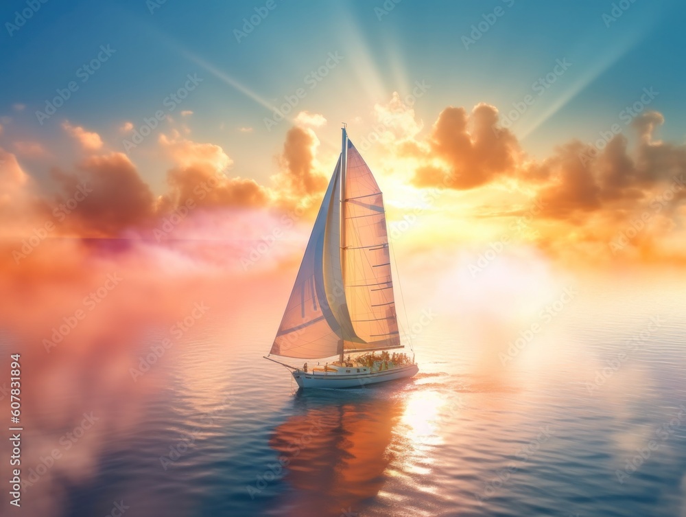 Sailboat sailing calm sea during sunrise with fog on the water, generative ai