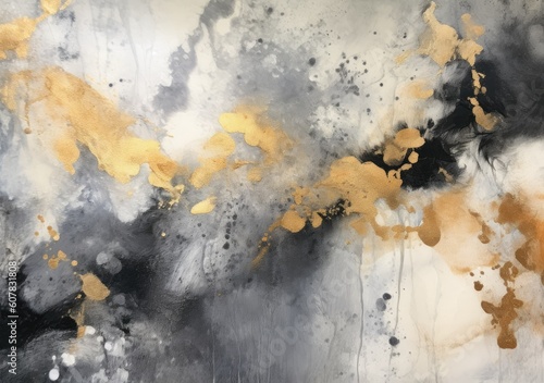 Abstract painting in black and silver with gold accents, modern decoration, generative ai