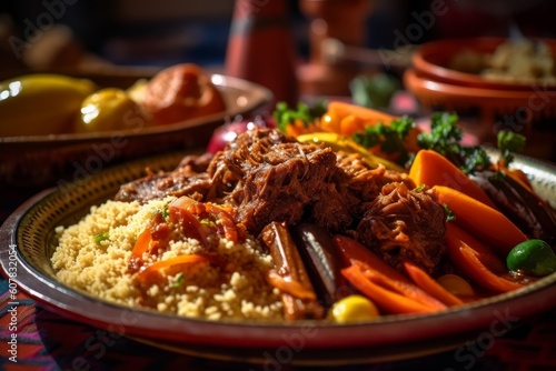 traditional Moroccan couscous dish with slow-cooked vegetables, lamb, and a flavorful sauce
