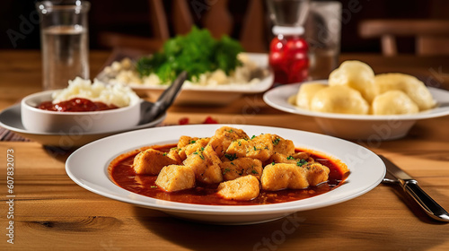 Traditional Czech Goulash meal with dumplings on white plate on wood table. Space for text. Generative Ai