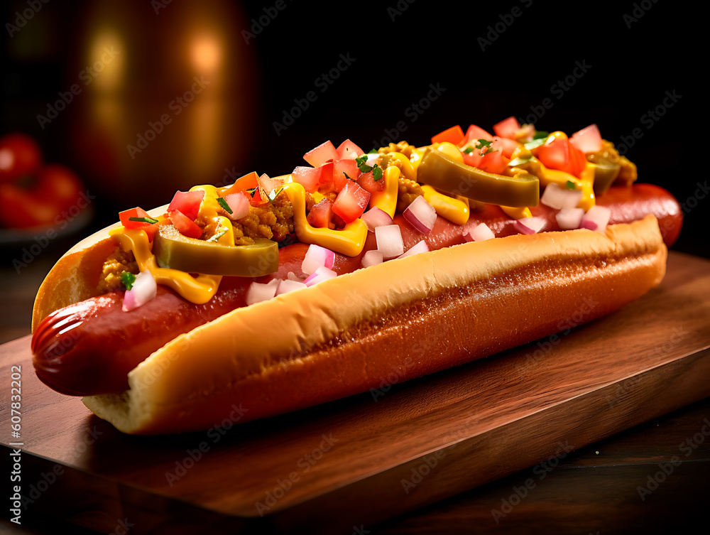 Big hot dog Chicago style. Traditional street food. American hot dog