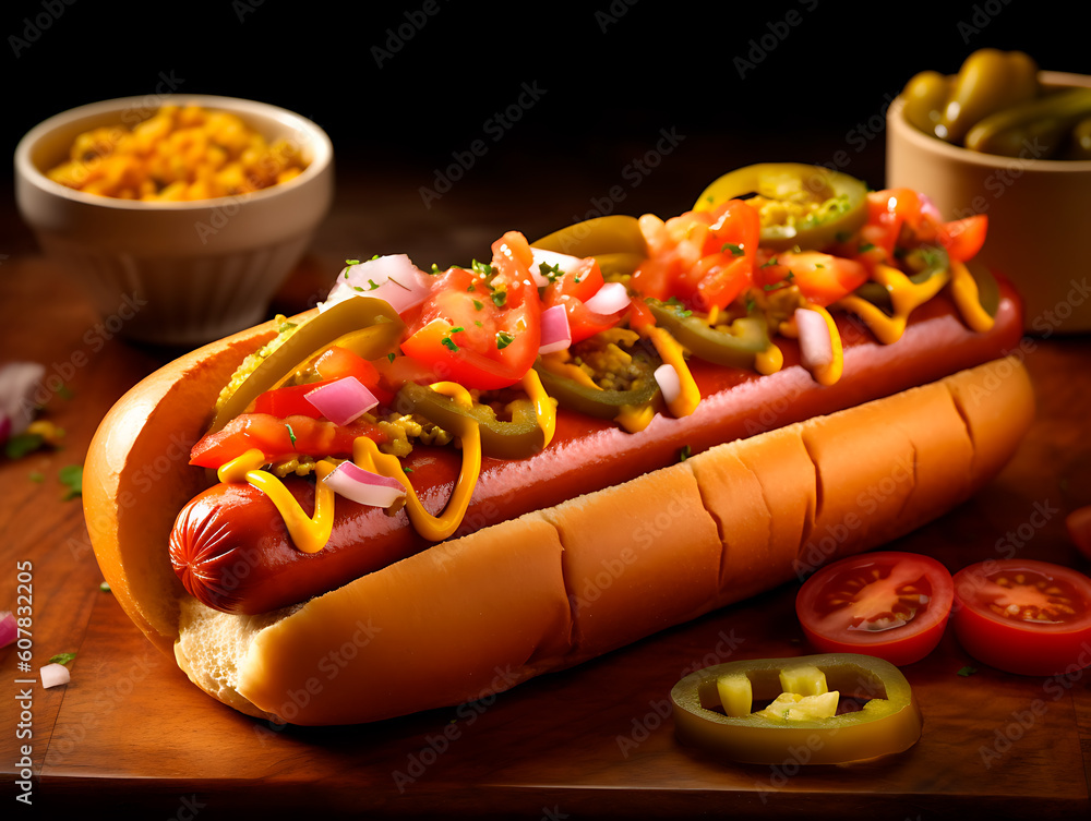 Big hot dog Chicago style. Traditional street food. American hot dog