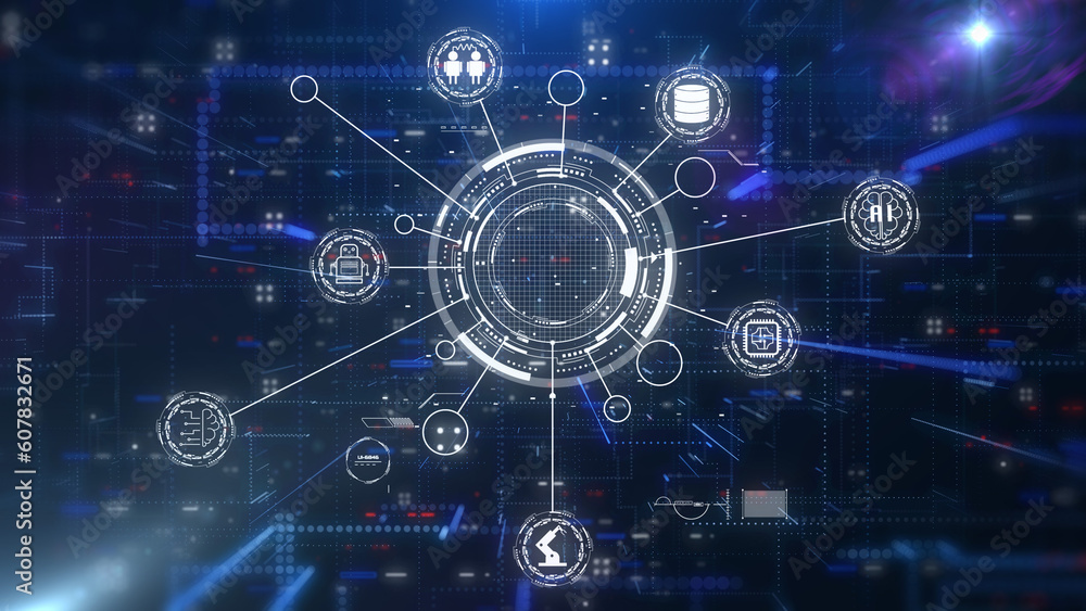 Abstract internet of thing icon device connectivity concept. New technology business strategy, smart digital of Iot on network connection structure platform illustration.