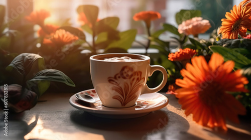 Coffee cup placed on white table in coffee shop with blurred flowers background in morning light. Generative Ai