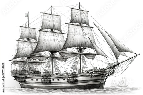 drawing vintage sailing ship isolated on white background. Generated by AI.