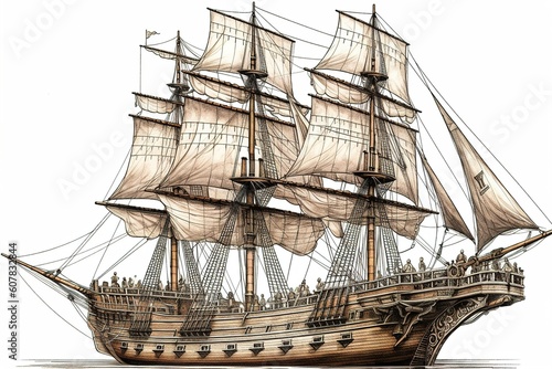 drawing vintage sailing ship isolated on white background. Generated by AI.