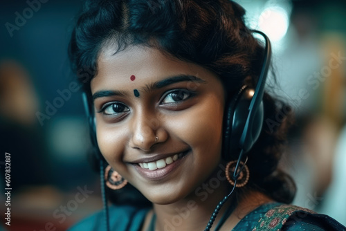Hindu young woman working in customer service, portrait, Generative AI