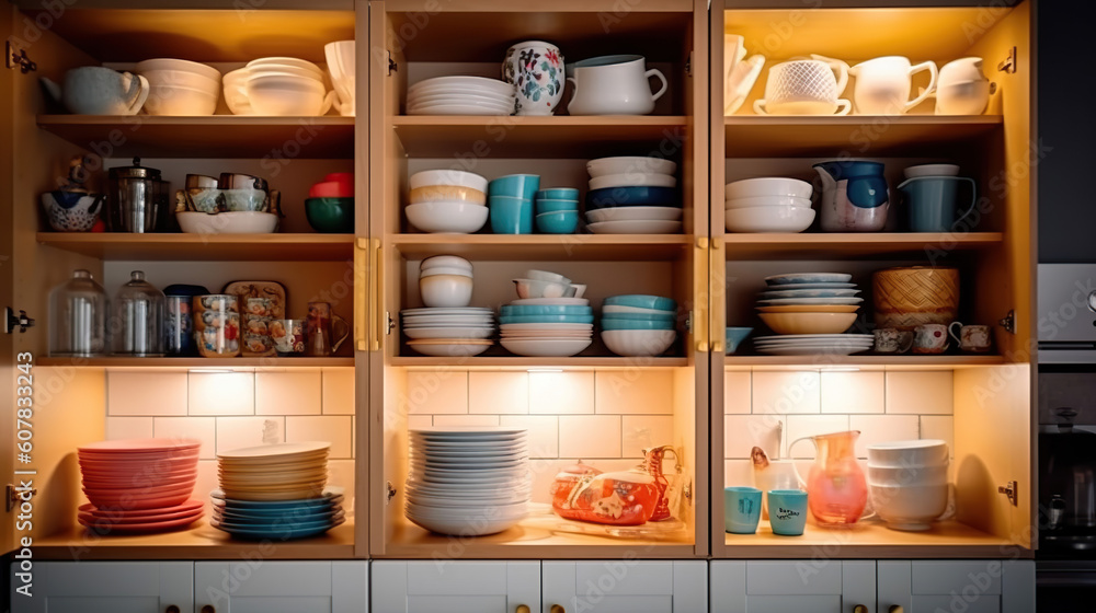 Open cabinet with different clean dishware in kitchen. Generative Ai