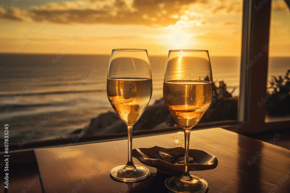 A romantic evening with two champagne glasses on a table, reflecting the golden sunset on the sea. AI Generative.