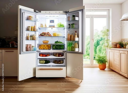 Fridge shelf full of different fresh and tasty food and drinks. Generative Ai © sopiangraphics