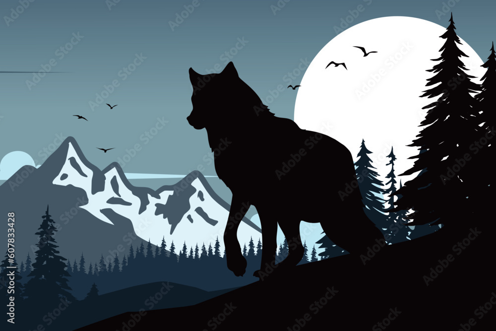 Fototapeta premium A silhouette of a wolf standing on a hill with mountains in the background