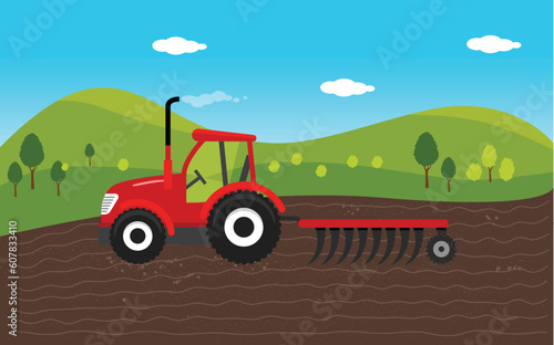 Agriculture and Farming. Agribusiness Tracktor. Rural landscape. Design elements for info graphic  websites and print media. Vector illustration.