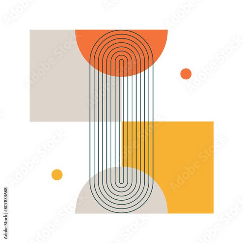 Abstract geometric background. Colored squares semicircles circles and oval line shapes on white background. Vector illustration.
