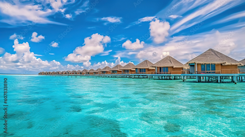 Maldivian daytime view of the island and water villas with a gorgeous sky and lovely clouds. Generative Ai