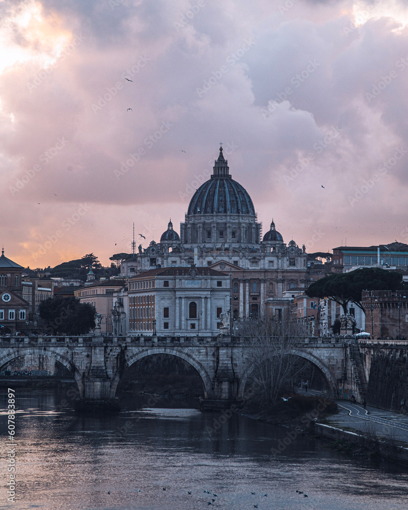 Saint Peter basilica in Vatican City, Rome with sunset