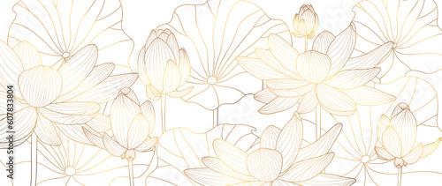 Luxury hand drawn lotus flowers background vector. Elegant gradient gold lotus flowers line art, leaves on white background. Oriental design for wedding invitation, cover, print, decoration, template.