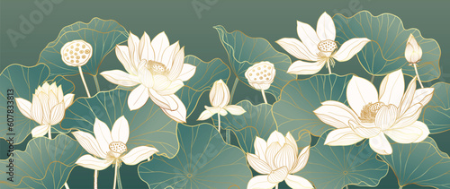 Luxury oriental flower background vector. Elegant white lotus flowers golden line art, leaves, gradient color. Japanese and Chinese illustration Design for decor, wallpaper, poster, banner, card.