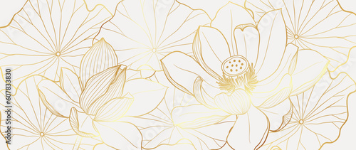 Luxury hand drawn lotus flowers background vector. Elegant gradient gold lotus flowers line art, leaves on white background. Oriental design for wedding invitation, cover, print, decoration, template.