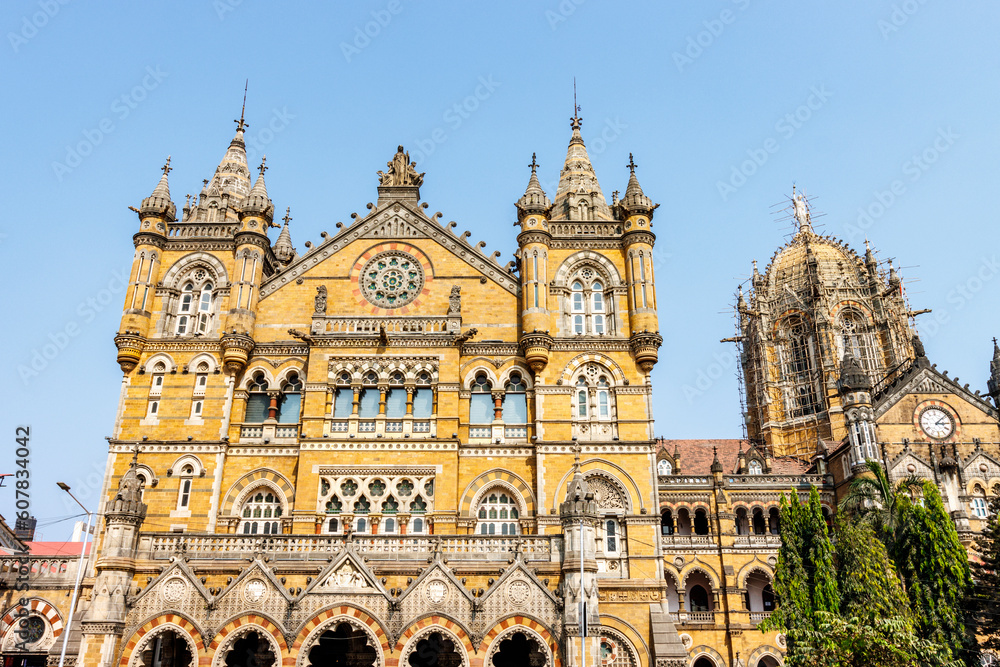 Exterior of the Chhatrapati Shivaji Terminus, formerly the Victoria Terminus station in Mumbai, Maharashtra, India, Asia