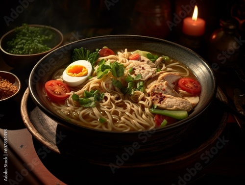 egg noodles in a bowl of steaming chicken soup with various herbs and vegetables