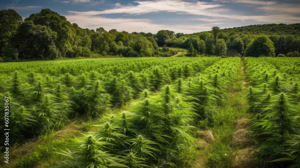 Marijuana plant at outdoor cannabis farm field. Generative AI