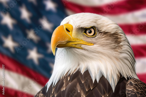 american bald eagle with american flag. Generative AI