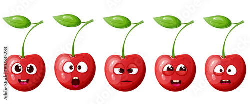 Funny, cute cartoon cherry character set with different emotion face.