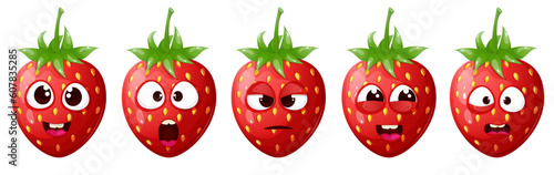 Funny, cute cartoon strawberry character set with different emotion face.