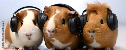 Small group of cute guinea pigs with earphones in studio. AI generated.