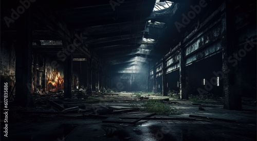 Abandoned ruined industrial building room inside interior