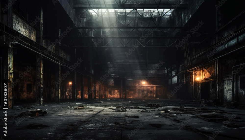 Abandoned ruined industrial building room inside interior