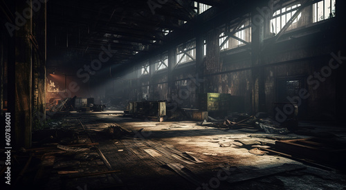 Abandoned ruined industrial building room inside interior