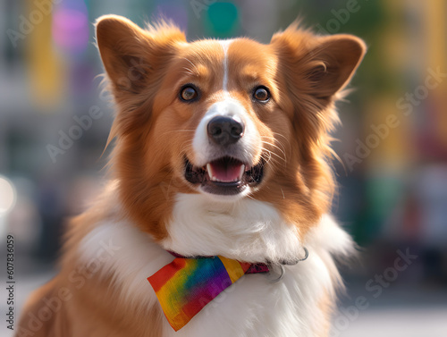 Corgi dog in pride parade. Concept of LGBTQ pride. AI generated © May