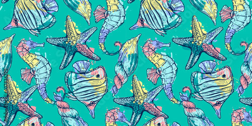 Sea style seamless pattern. Underwater creatures, starfish, sea horse, coral, fish. marine, nautical endless wallpaper, background.